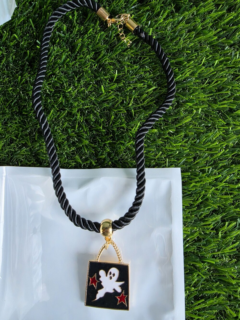 Black Rope Necklace with Ghost Pendant by